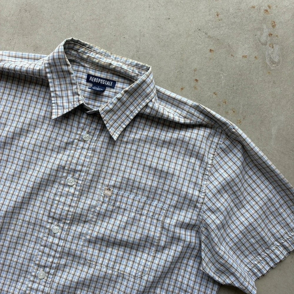 Vintage Y2K Aeropostale Plaid Button Up Shirt Size Large Brown Short Sleeve